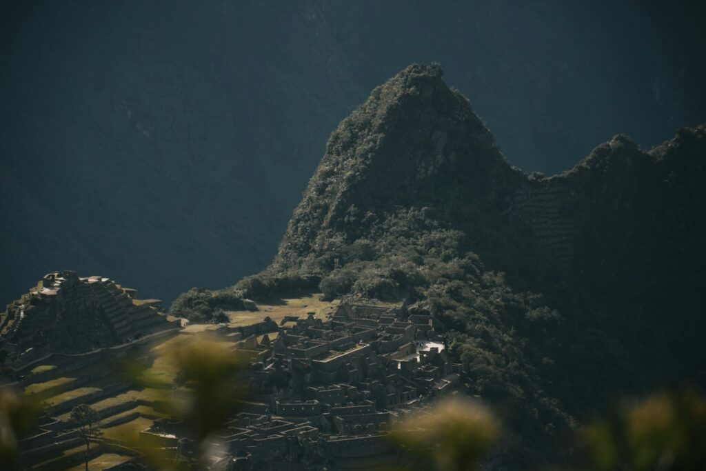 a city below a mountain